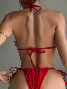 Swim SXY Women's Sexy Floral Red Chain Halter Tie Bikini Set, Beach Swimwear, Spring/Summer - Red - View 3