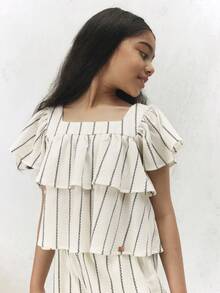 SUMWON Striped Off Shoulder Ruffle Top And Wide Leg Palazzo Pants Co Ord Set Summer Vacation Outfit Festive Occasionwear Casual - Apricot - View 3