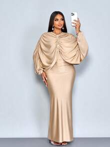 SOLERSUN Women's Autumn/Winter Solid Color Elegant And Romantic New Elegant Mature Charm Evening Gown, Dignified & Gentle,Button Decor Long Sleeve Graceful Mermaid Hem Bodycon Maxi Dress Fall Winter Cloth For Women Elegant Wear Party Wedding Vintage New Years - Khaki - View 6