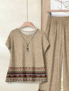 Rusticease 女士复古印花圆领插肩袖衬衫和松紧腰裤两件套，春夏款，夏季度假装，女士春季度假装，休闲装 - 彩色 - 查看 3