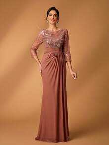 Serin Elegant Luxurious Beaded Sequin Embroidered Mesh Ruched Sheer Sleeve Mermaid Dress, Suitable For Weddings, Parties, Holidays, Formal Events - Coffee Brown - View 6