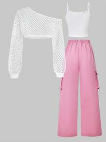 SHEIN ChillGRL 3pcs Casual Knit Camisole, Suspender & Wide Leg Pants Set, Comfortable & Fashionable For Teens, Suitable For Outdoor Sports, Leisure And Daily Wear, Oblique Shoulder Design - Multicolor - View 4