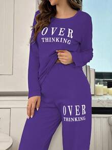 Casual Women's Purple Long Sleeve Pajama Set Round Neck Knitted With Letter Print Relaxed Fit Sleepwear Purple Pajamas Set Women Lounge Set - Purple - View 3