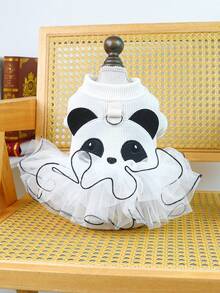 PETSIN 1件宠物服装，刺绣可爱熊猫卡通图案蓬蓬裙，猫狗通用公主风连衣裙 - 黑與白 - 查看 5