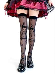 ROMWE Anime 1 Pair Of Lolita Lolita Sweet Bow Music Note Print Stockings Women's Knee Socks - Black - View 3