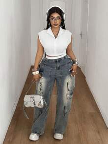 Maweii Blusa de moda sin mangas con cruce y lazo delantero para tallas grandes - Blanco - Ver 2