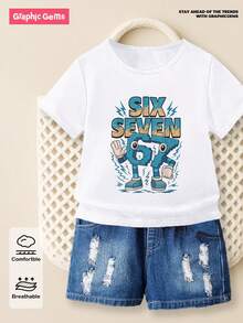 SHEIN Tween Boys' Casual Fashion Comfortable Minimalist Versatile Creative Funny Lightning Personified "67" Letter Graphic All-Match Short Sleeve T-Shirt, Suitable For Spring/Summer Outdoor, Sports, School Wear - White - View 5