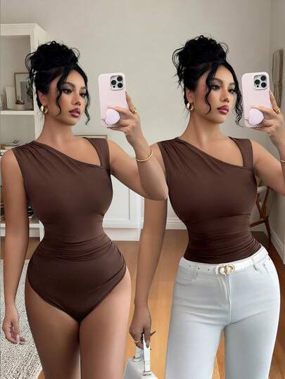 Elenzga Nuevo body ajustado de mujer de tela elástica de punto con hombros oblicuos sin mangas, casual y elegante, versátil para otoño/invierno