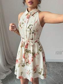 SHEIN Elenzya Sleeveless Shirt Dress With Waist Cinching A-Line Floral Print, Elegant & Romantic Women's Vacation Dress - Multicolor - View 5