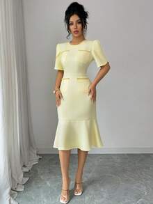 Elenzga Đầm midi nữ thanh lịch với tay áo cánh hoa, kiểu dáng lãng mạn cao cấp thích hợp cho tiệc trà chiều, điểm nhấn là dây xích trang trí, thiết kế thắt eo và đuôi cá, phù hợp cho công sở và du lịch, mùa xuân/hè. - Màu vàng ngỗng - Xem 5