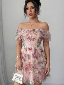 Elenzga Women's Elegant Floral Print Chiffon Off Shoulder Flowy A-Line Mini Dress, Spring/Summer - Multicolor - View 3