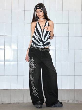 Grunge Punk Women's Letter Print Pocket Wide Leg Loose Casual Jeans