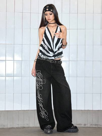 Grunge Punk Jeans casual larghi con stampa a lettere e tasche per donna