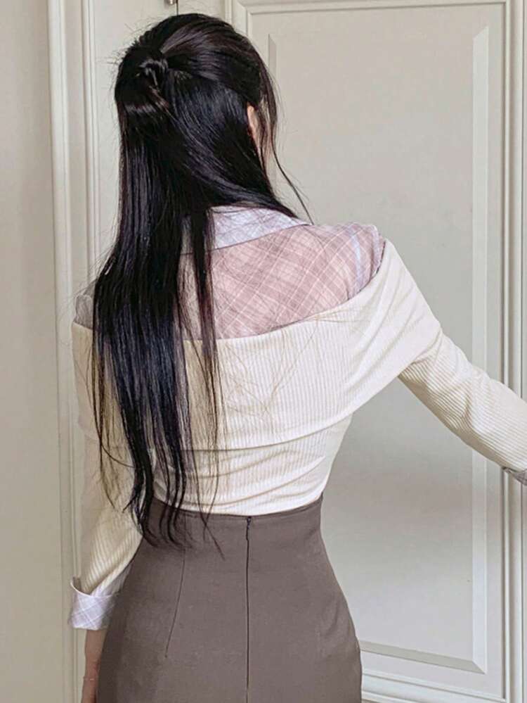 Plaid Collar Patchwork Long Sleeve Knit Shirt For Women
