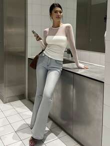 DAZY 女士网眼拼接圆领长袖T恤，修身性感薄款休闲上衣 Y2k - 白色 - 查看 8