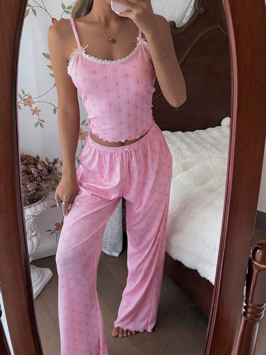 CottageSlumber Pink Camisole & Pants Pajama Set, Hollow Heart Print & Bow Decor For Women Pink Nightgown - Pink - View 1
