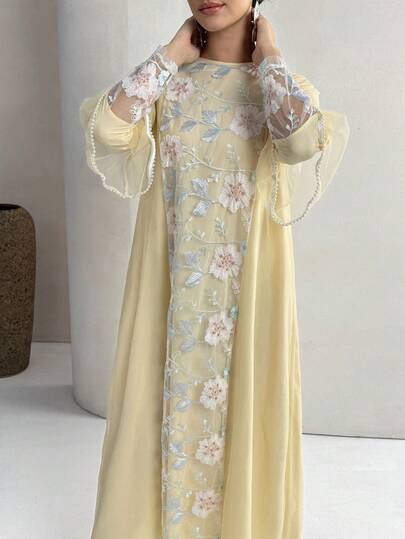 Yasmyna Elegant turkisk maxiklänning med blommigt broderi och lapptäcke för kvinnor och traditionell arabisk abaya