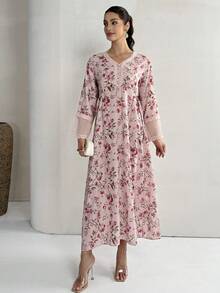 Yasmyna Abito elegante da donna con scollo a V, in in rete con inserti floreali - Rosa - Visualizzare 3