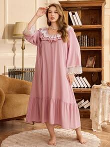PalaceNights 大码复古宫廷风刺绣蕾丝边长袖睡裙，适合春秋季穿着 - 粉色 - 查看 7