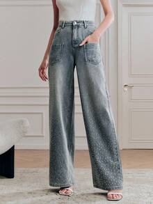 Anewsta 女士浪漫刺绣水钻亮片蓝色直筒牛仔裤，适合派对、假日、情人节、春夏穿着 - 藍色 - 查看 6