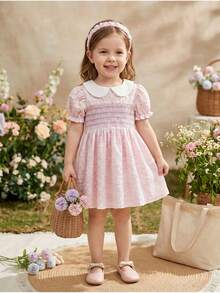 SHEIN Baby Girls' Spring Casual Vacation Cute Sweet Puff Sleeve A-Line Textured Fabric Short Sleeve Dress, Exquisite Smocking Craftsmanship, High Quality And Cost-Effective, Suitable For Travel Or Vacation Outfits - Pink - View 3