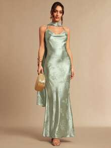 Silquee Đầm satin jacquard hở lưng chéo dành cho nữ, mùa xuân/hè. - màu xanh lá - Xem 4