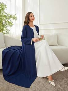 Al Najma Solid Color Round Neck Tassel Decor Long Sleeve Sequin Embellished Loose Elegant Luxurious Abaya - Royal Blue - View 5
