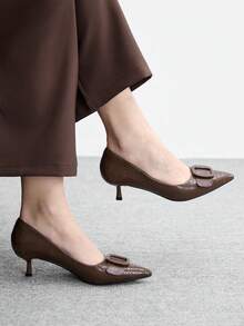 CUCCOO BIZCHIC Women's Pointed Toe Buckle Design Fashionable Elegant High Heels Valentine's Day Spring Shoes - Coffee Brown - View 5