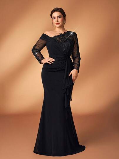 Serin Plus Size Elegant Luxurious Black Embroidered Sequin Diamond Lace Applique Sheer Sleeve Splice Elastic Knit Ruched Ruffle Mermaid Hem Dress, Suitable For Wedding, Party, Vacation, Prom, Mother Of The Bride Evening Gown