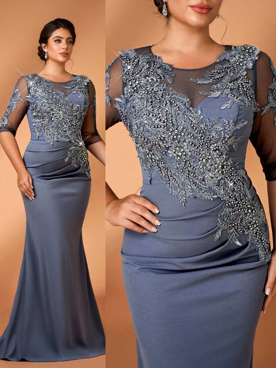 Serin Váy dài tay cổ tròn đính hạt xếp nếp đính sequin màu xám sang trọng thanh lịch cỡ lớn, thích hợp cho tiệc tối, hẹn hò, dạ hội, đám cưới, tiệc chia tay thời con gái