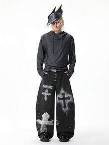 ROMWE MEN Goth 男士数码十字印花飞机扣弯刀牛仔裤 - 黑色 - 查看 7