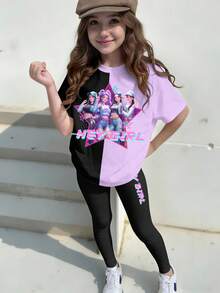 1 Set de Camiseta de manga corta con cuello redondo y leggings de estilo casual con estampado de dibujos animados y bloques de color morado y negro para niñas preadolescentes, adecuado para salidas en primavera/verano