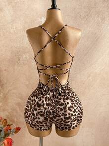 Soleia Trang phục dự tiệc cưới phong cách miền Tây, đi nghỉ mát, tốt nghiệp, tiệc brunch, ngày lễ Thánh Patrick, kỳ nghỉ xuân, lễ Phục Sinh, lễ hội âm nhạc, phong cách boho thanh lịch, nhiệt đới, hở lưng, dây buộc, họa tiết da báo nâu, áo liền quần hai dây cho nữ. - Nhiều màu - Xem 2