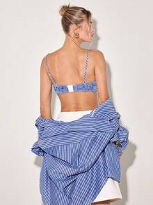 COSMINA Women's Elegant 2-Piece Set, Blue & White Striped Outfit, Long Sleeve Shirt And Camisole Top, 2026 New Arrival, Latest Fashion Combination, Versatile, Casual Wear, Spring Women's 2-Piece Set, Spring/Summer Outfit, All Season Set, Casual Matching, Loose Fit Shirt, Graceful Ladies 2-Piece Set - Blue and White - View 5