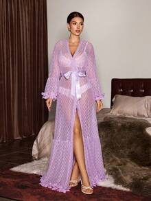 Slumberist 3D Floral Decor Jacquard Mesh Extra Long Women Robe Purple Night Gown Mesh Robe - Lilac Purple - View 4