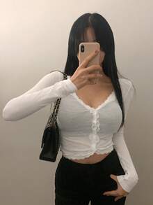 DAZY Women's Deep V-Neck Lace Patchwork Slim Fit Casual Slightly Sheer T-Shirt - White - View 4