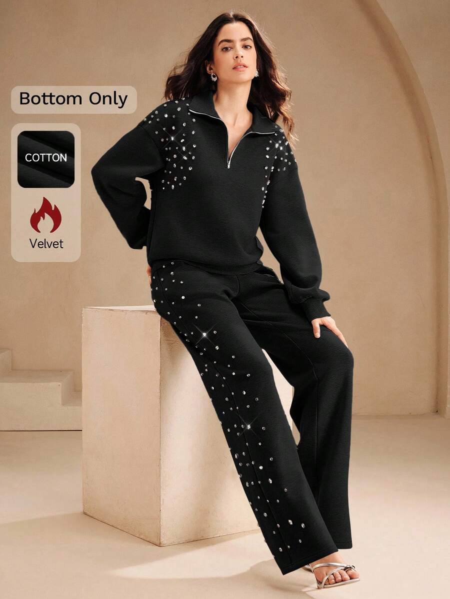 Anewsta Fashionable Thermal Lined Rhinestone Design Loose Wide-Leg Sweatpants, Suitable For Fall, Festival, Spring - Black - View 1