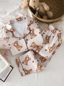 少女睡衣套装 - 两件套，泰迪熊印花，纽扣翻领长袖上衣，长裤，松紧腰带，滚边装饰，中性米色系，可爱睡衣，四季皆宜，2026年假日必备礼物 - 彩色 - 查看 4