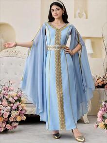 SHEIN 优雅奢华甜美蓝色纯色拼接金色丝带V领披肩袖休闲腰带连衣裙，阿拉伯风格连衣裙，长袍式连衣裙，端庄优雅，度假连衣裙 - 藍色 - 查看 7