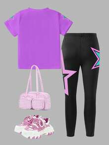 2pcs/Set Girls Idol Group Printed Top & Leggings Set, Fashionable Casual Outfit For Toddlers - Multicolor - View 3