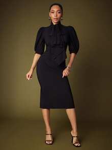 Vixey Exaggerated Bow Puff Sleeve Back Zip Up Midi Dress - Black - View 4