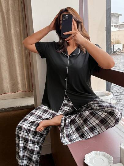 Dream Adore 加大码休闲纽扣装饰格子印花短袖睡衣套装