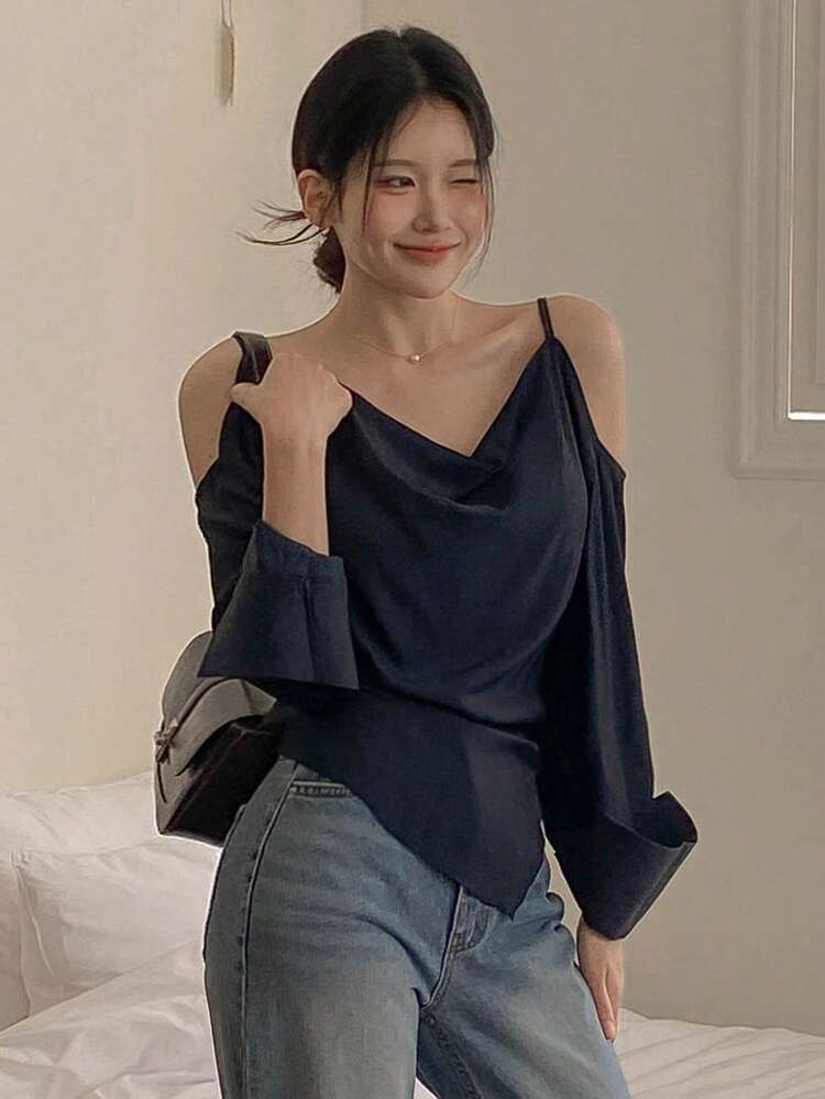 Women's Turtleneck Spaghetti Strap Off-Shoulder Long Sleeve Blouse