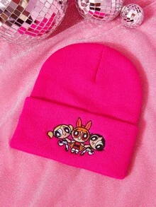 THE POWERPUFF GIRLS X SHEIN 1pc Knitted Beanie Hat With Cartoon Embroidery, Fashionable Street Riding Gift Choice - A - View 1