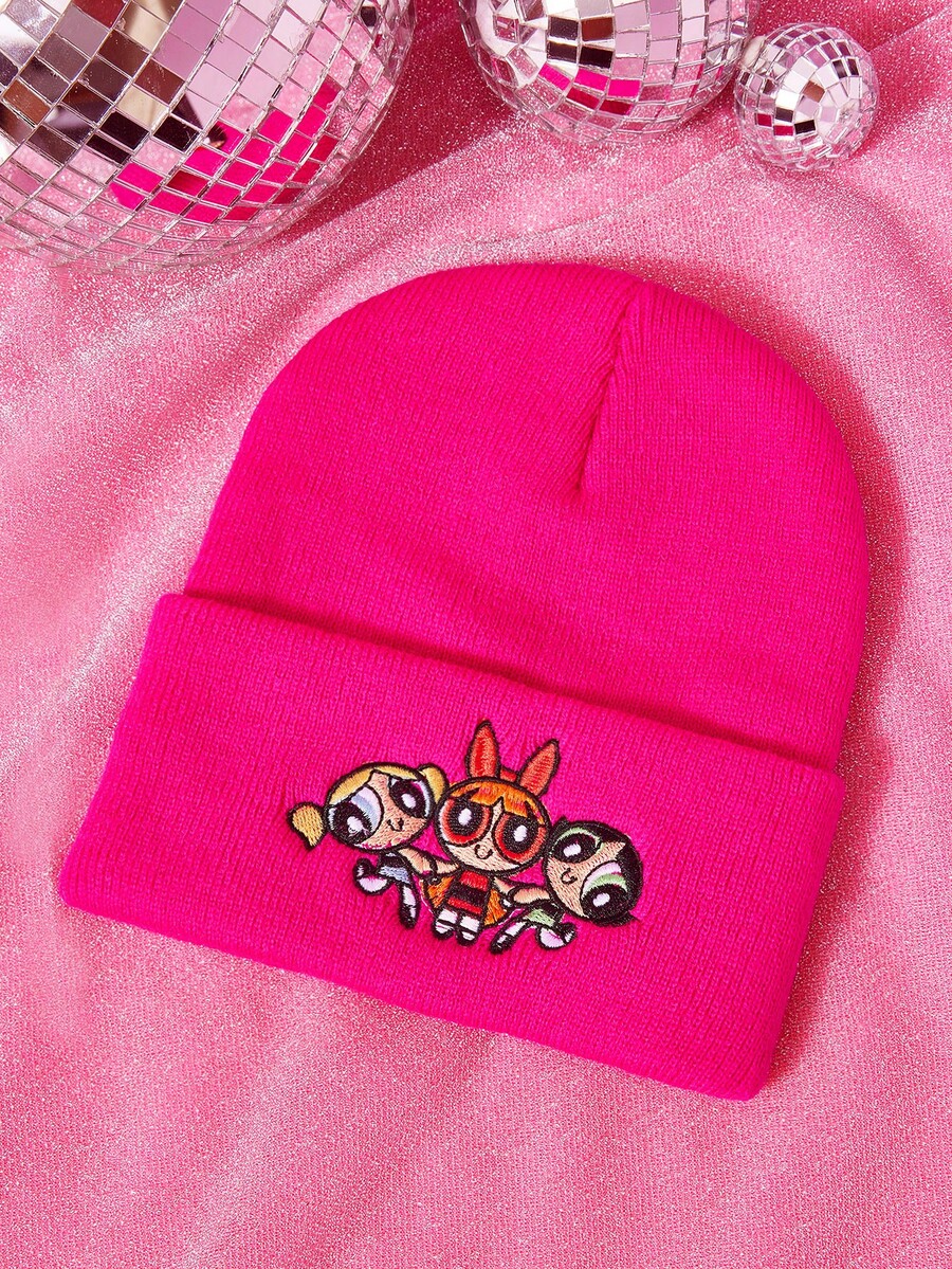 THE POWERPUFF GIRLS X SHEIN 1pc Knitted Beanie Hat With Cartoon Embroidery, Fashionable Street Riding Gift Choice - A - View 1