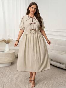 SHEIN LUNE 大码女式休闲时尚连衣裙，带蝴蝶结装饰和短泡泡袖 - 杏色 - 查看 4