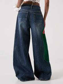 ROMWE Avant 女士复古学院风拼接足球撞色刺绣数字字母低腰阔腿牛仔裤 - 藍色 - 查看 6