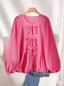 CosyJoli 大码休闲A字娃娃灯笼袖蝴蝶结衬衫 - 紅色 - 查看 1