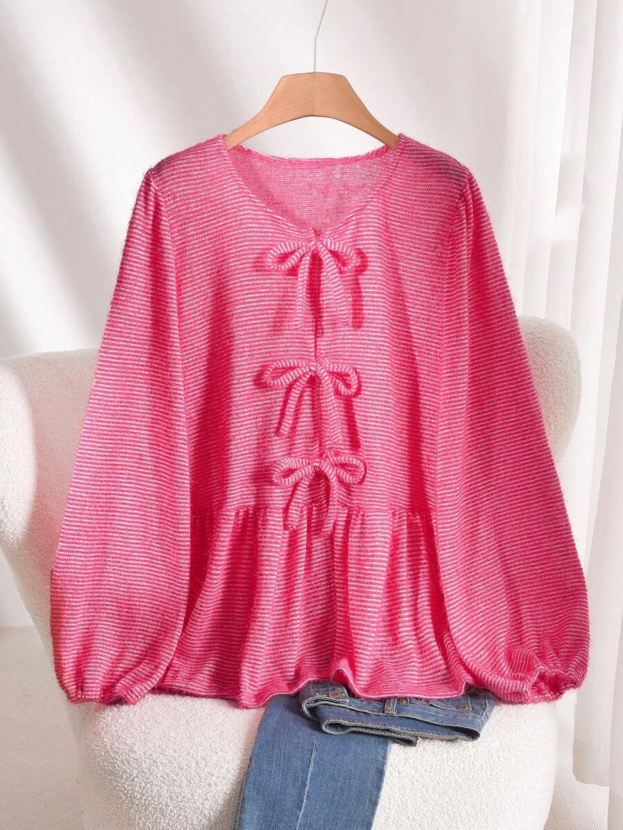 CosyJoli 大码休闲A字娃娃灯笼袖蝴蝶结衬衫 - 紅色 - 查看 1