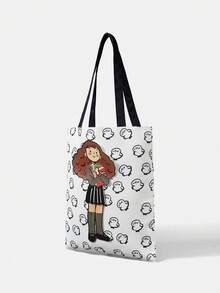 HARRY POTTER X SHEIN A Fashionable Cartoon Cute Embroidered Canvas Bag - White - View 5